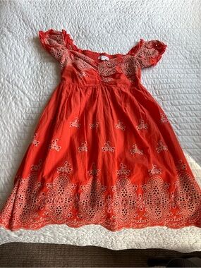 Girls' Scarlet Eyelet Cotton Dress with Ruffle Sleeves